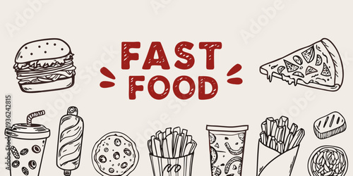 Hand drawn illustration of various fast food items and text