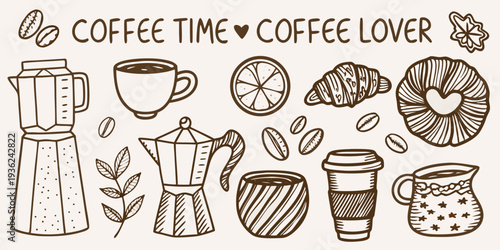 Hand drawn illustration of coffee elements pots cups beans and pastries