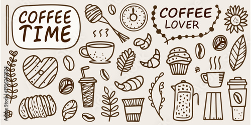 Doodle illustration featuring coffee pastries and related decorative elements