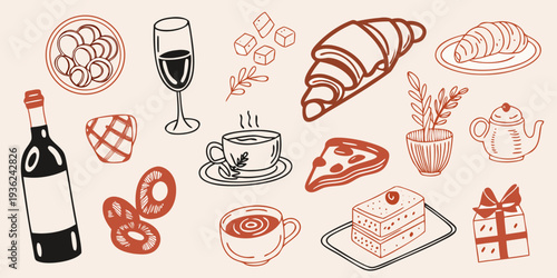 A collection of hand drawn breakfast dessert and beverage illustrations