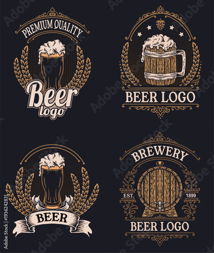 Set of vintage beer logo vector illustration. emblem brewery design on black background