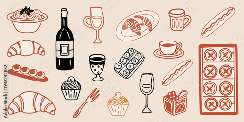 A collection of illustrated food items including pasta pastries and beverages