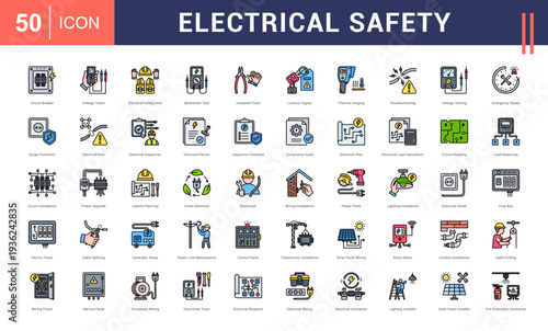 Electrical Safety Icon Set. Circuit Breaker, Voltage Tester, Electrical Safety Gear, Multimeter Tool, Insulated Tools and more. Flat Line style vector icons collection.