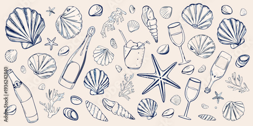 A collection of hand drawn seashells champagne and summer beach elements