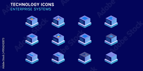 Isometric technology icons depicting server systems and enterprise network solutions