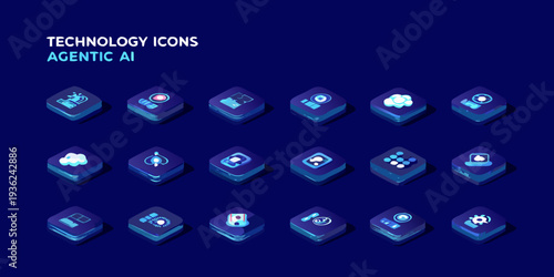 Isometric technology icons representing artificial intelligence and digital concepts