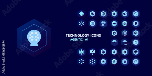 Collection of futuristic technology icons on a dark blue background