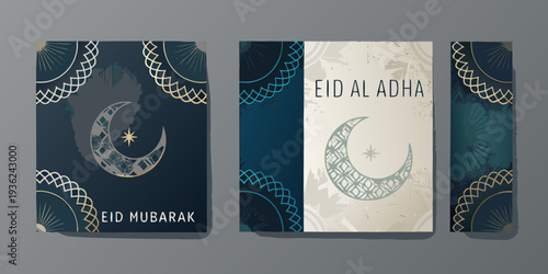 Four eid al adha and eid mubarak patterned cards in dark teal