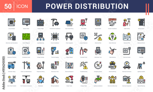 Power Distribution Icon Set. Circuit Breaker, Electric Panel, Control Panel, Transformer Installation, Solar Panel Wiring and more. Flat Line style vector icons collection.