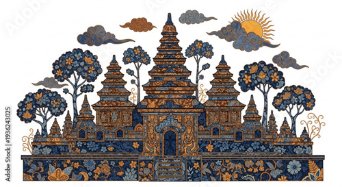 Ornate southeast asian temple complex with pagodas trees and sunny sky