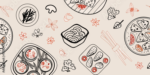 Japanese cuisine illustrations sushi bento boxes and floral elements