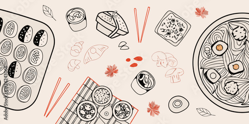 A colorful hand drawn illustration of various japanese foods and ingredients