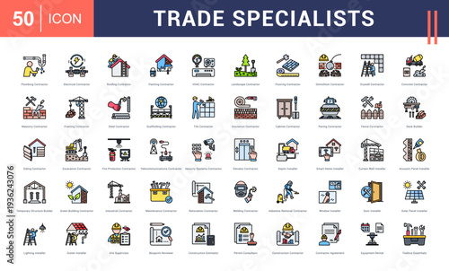 Trade Specialists Icon Set. Plumbing Contractor, Electrical Contractor, Roofing Contractor, Painting Contractor, HVAC Contractor and more. Flat Line style vector icons collection.