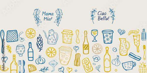 Doodle illustration featuring italian phrases citrus fruits and kitchen items