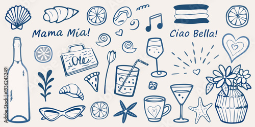 Hand drawn illustrations of italian summer themed objects and lettering