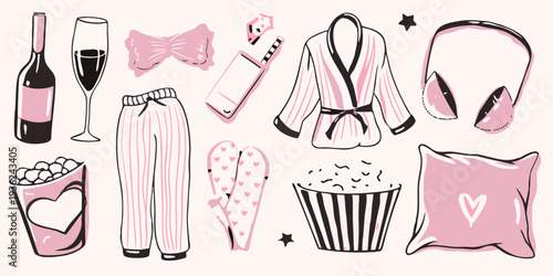 A collection of pink illustrated items representing a cozy night in