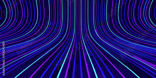 Abstract neon lines converge towards a vanishing point in space