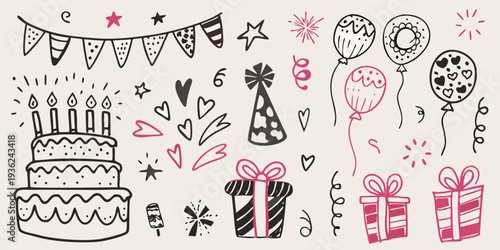A collection of hand drawn party elements and celebratory decorations
