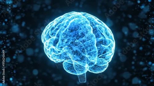 Digital representation of a human brain glowing with blue light and particles
