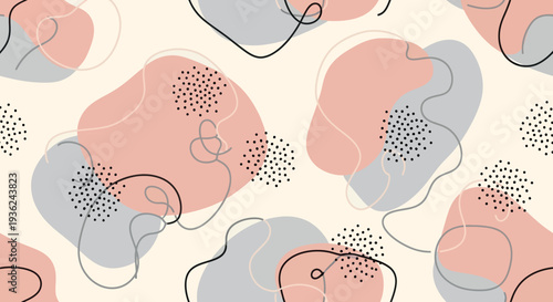 Abstract background with pastel shapes, dotted patterns, and organic line art, perfect for graphic design and modern aesthetics