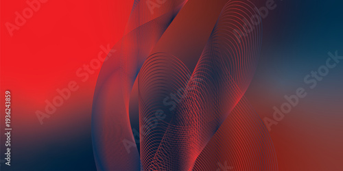 Abstract red and navy blue light streams curving through a deep dark backdrop with sparkling micro particles, modern digital technology concept, vector illustration