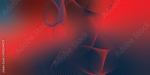 Abstract red and navy blue light streams curving through a deep dark backdrop with sparkling micro particles, modern digital technology concept, vector illustration