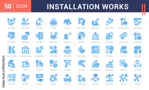 Installation Works Icon Set. Faucet Installation, Toilet Installation, Shower Head, Floor Drain, Shower Drain and more. blue style vector icons collection.