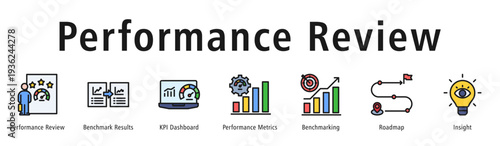 Performance review web banner icon vector illustration concept with icon of performance review, benchmark results, KPI dashboard, performance metrics, benchmarking, roadmap, and insight.