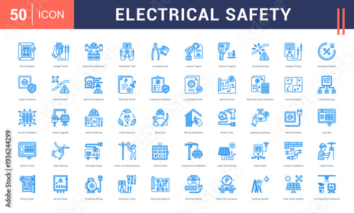 Electrical Safety Icon Set. Circuit Breaker, Voltage Tester, Electrical Safety Gear, Multimeter Tool, Insulated Tools and more. blue style vector icons collection.