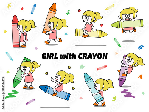 クレヨンをもった女の子のイラストセット（ベクター）