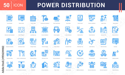 Power Distribution Icon Set. Circuit Breaker, Electric Panel, Control Panel, Transformer Installation, Solar Panel Wiring and more. blue style vector icons collection.
