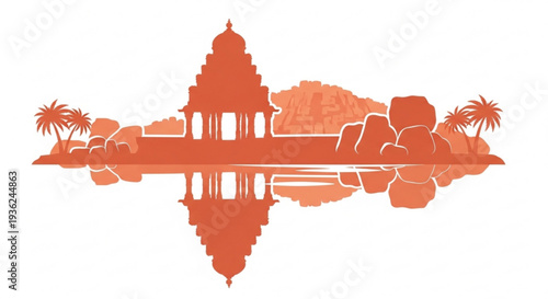 Orange silhouette of a serene temple by a reflective lake with palm trees and rocks in a peaceful tropical environment at sunset