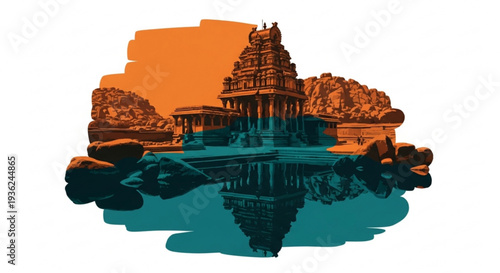 Ancient temple with a tall tower reflected in calm water surrounded by rocks and a vibrant orange sky