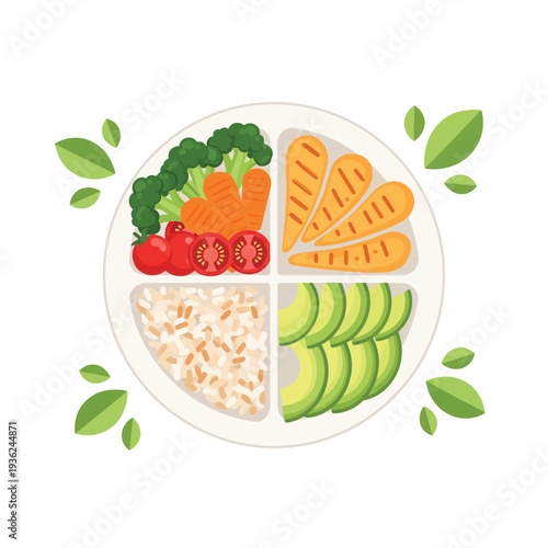 Flat Style Balanced Diet Plate with Vegetables and Fruits Illustration