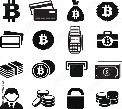 A collection of icons representing various aspects of finance and money.