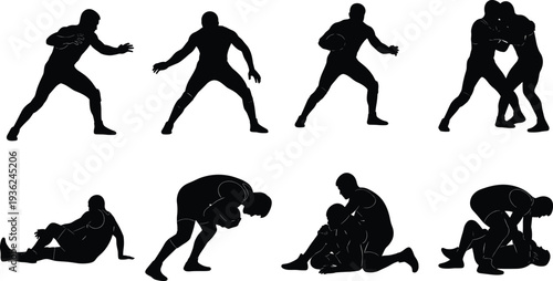 Grappling wrestling silhouettes with clinch, takedown, ground fighting positions, martial arts training, combat sports vector illustration design collection