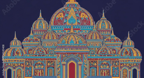 Vibrant hindu temple architecture with colorful domes and intricate designs at night