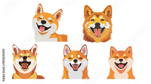 Happy Shiba Inu dog on yellow background, red-haired Japanese dog smiling