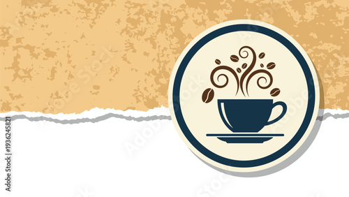 Stylized coffee cup icon with swirling aroma and beans placed on a circular badge over a torn paper background for a vintage cafe aesthetic.
