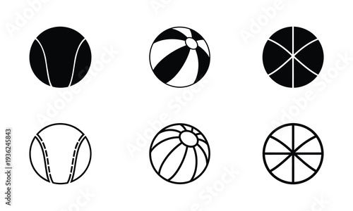 Six different black and white volleyballs illustration