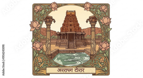 Brown hindu temple with stairs and pool surrounded by flowers and green vines on a beige background