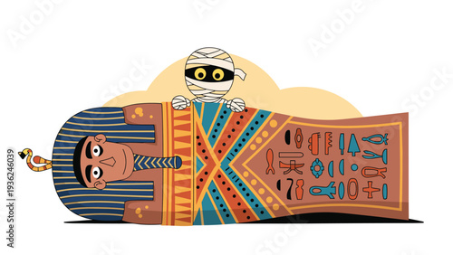 Playful cartoon illustration of a mummy peeking from behind an ornate and colorful ancient Egyptian sarcophagus for halloween or history themes.
