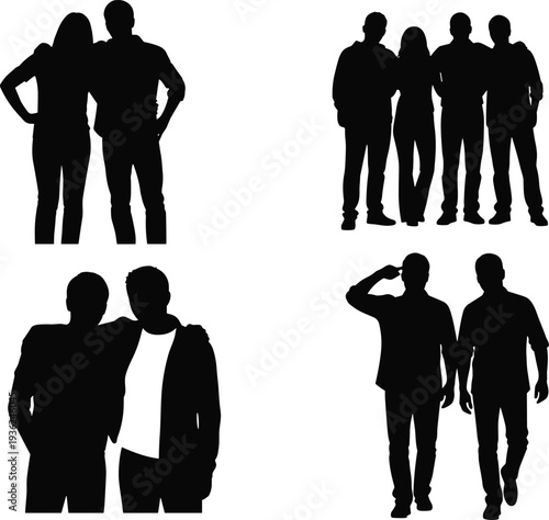 Group silhouettes of people in supportive poses, friendship, camaraderie, walking together, social interaction, companionship, vector illustration