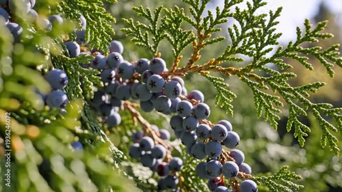 Vibrant blue berries on a green coniferous tree branch in bright natural