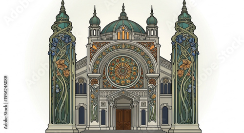 Ornate synagogue facade with floral columns and stained glass dome jewish temple architecture