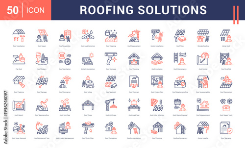 Roofing Solutions Icon Set. Roof Installation, Roof Repair, Roof Inspection, Roof Leak Detection, Roof Cleaning and more. Line Dual Tone style vector icons collection.
