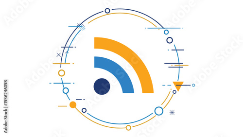 Modern rss feed icon with blue and orange arcs surrounded by a tech-inspired circular frame with glitch effects and geometric symbols.