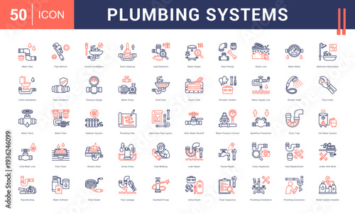 Plumbing Systems Icon Set. Water Pipe, Pipe Wrench, Faucet Installation, Drain Cleaning, Leak Detection and more. Line Dual Tone style vector icons collection.