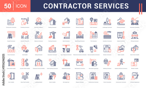 Contractor Services Icon Set. Construction Contractor, Plumbing Contractor, Electrical Contractor, Roofing Contractor, Painting Contractor and more. Line Dual Tone style vector icons collection.