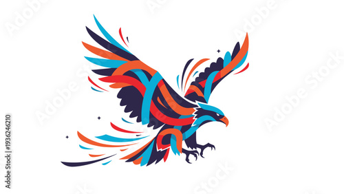 Artistic illustration of an eagle in flight composed of vibrant overlapping ribbons and fluid shapes on a clean white background.
